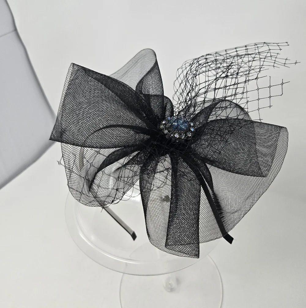 VINTAGE HANDMADE FASCINATOR HEADBAND BLACK TULLE BLUE RHINESTONE BROOCH DIY